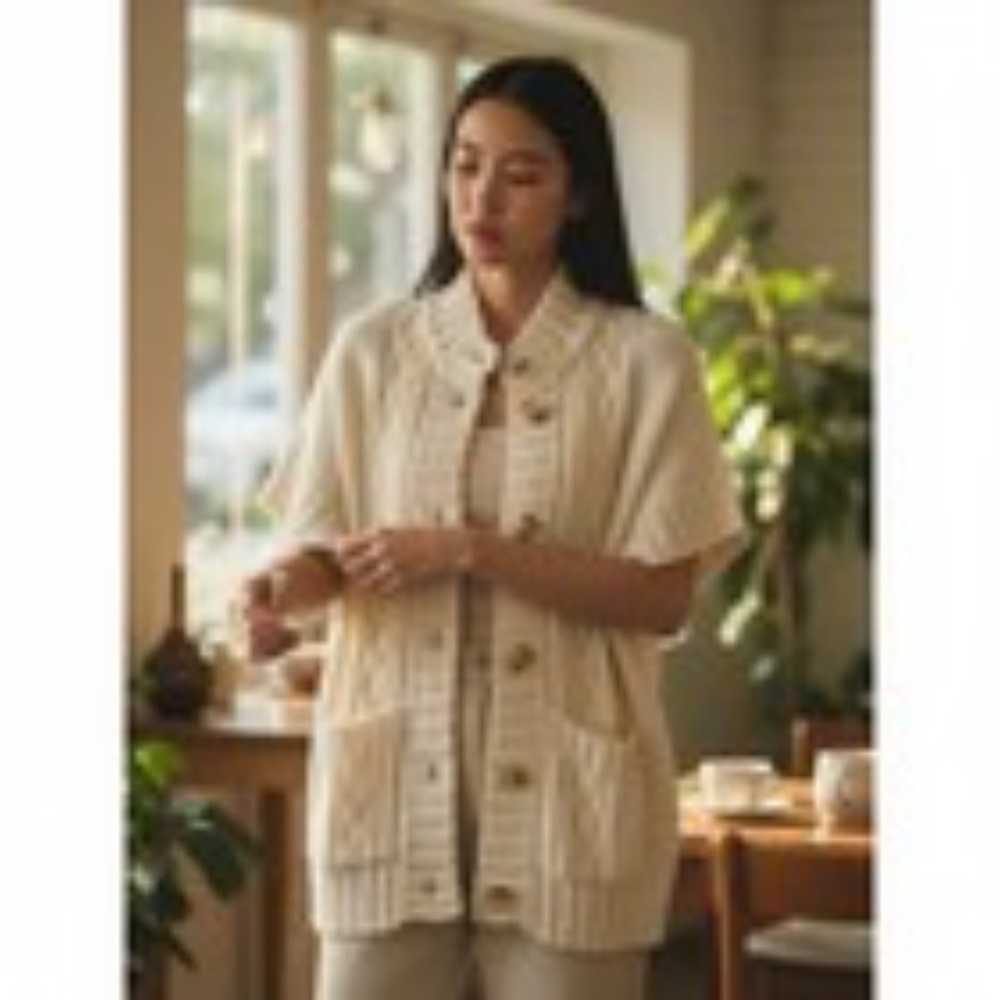 Michael Kors Wool Blend Cable Knit Cardigan Women XL Cream Ivory Short Sleeve